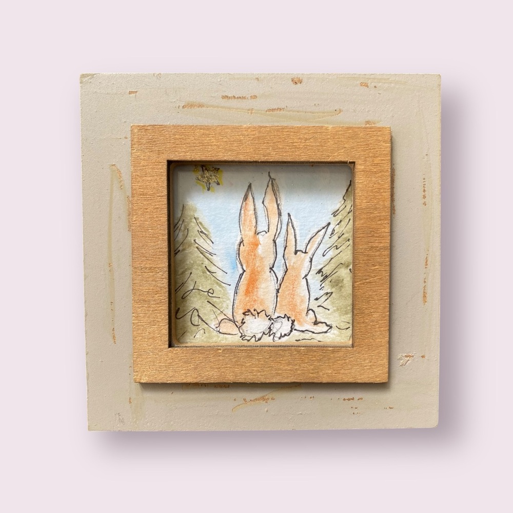 Framed watercolor Rabbit painting.  Original art. 4x4inches